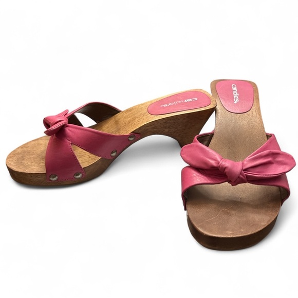 VTG Candie’s Pink Bow Wooden Slip-On Mules Heels Y2K Sandals Women’s Size 9 - Picture 3 of 3